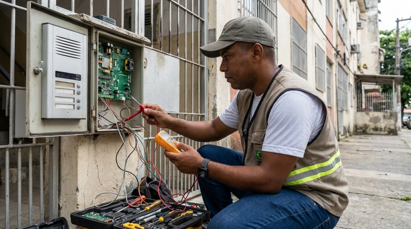 Eletricista consertando interfone em Campo Grande‑MS