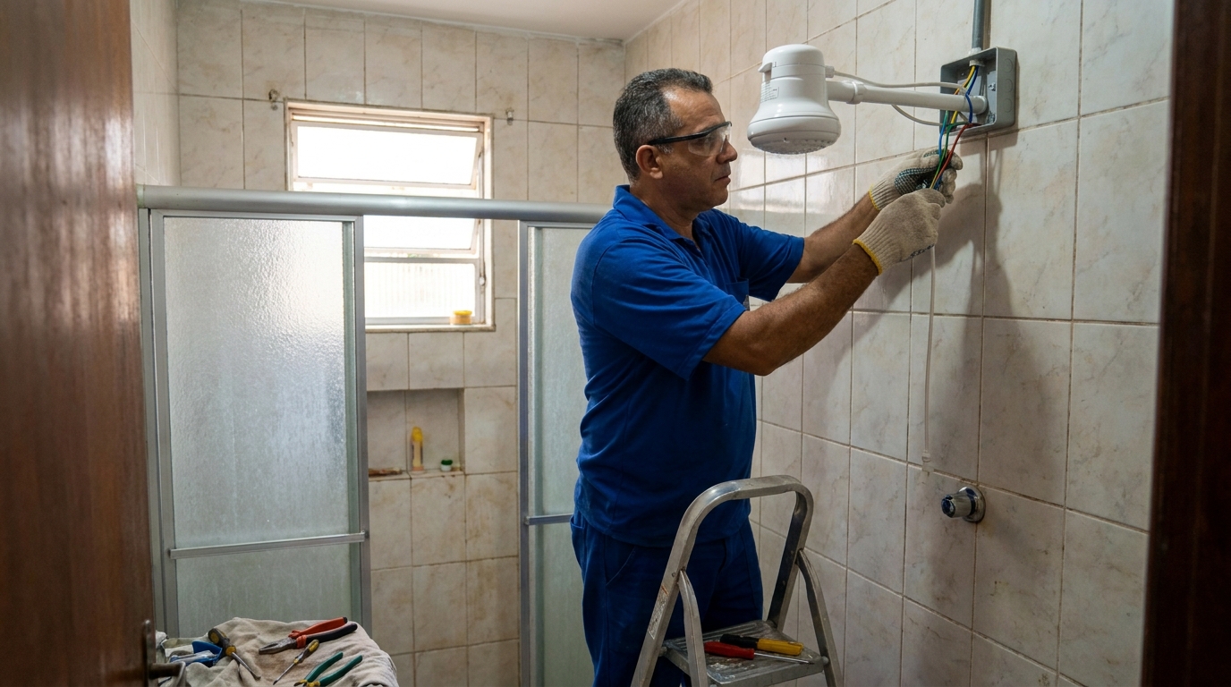 Eletricista instalando chuveiro eletrico em Campo Grande‑MS