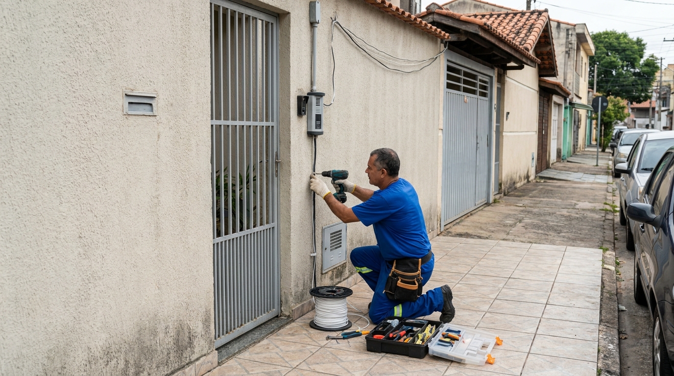 Eletricista instalando interfone em Campo Grande‑MS